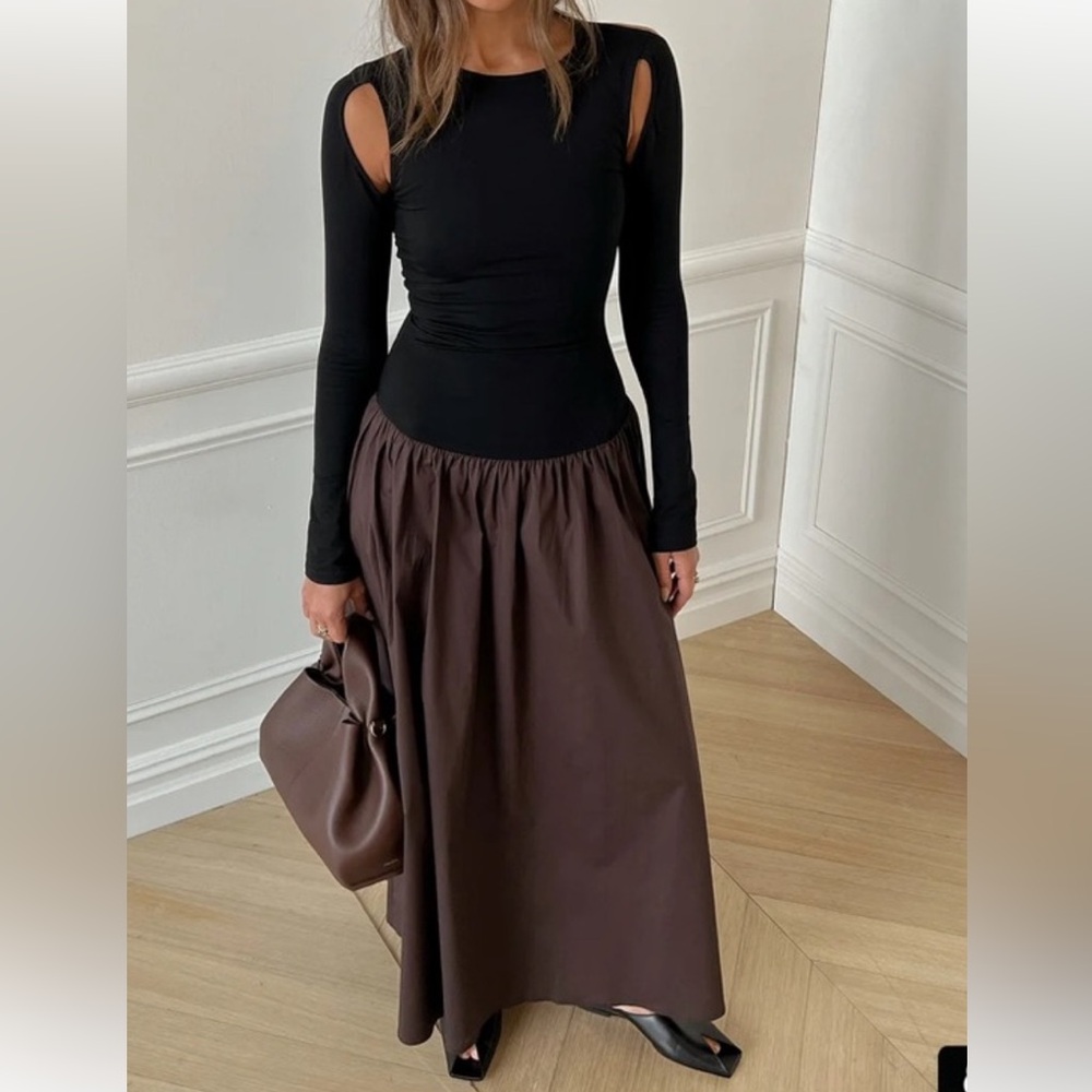 We Wore What  Long Sleeve Dress with Brown drop waist Maxi Skirt.